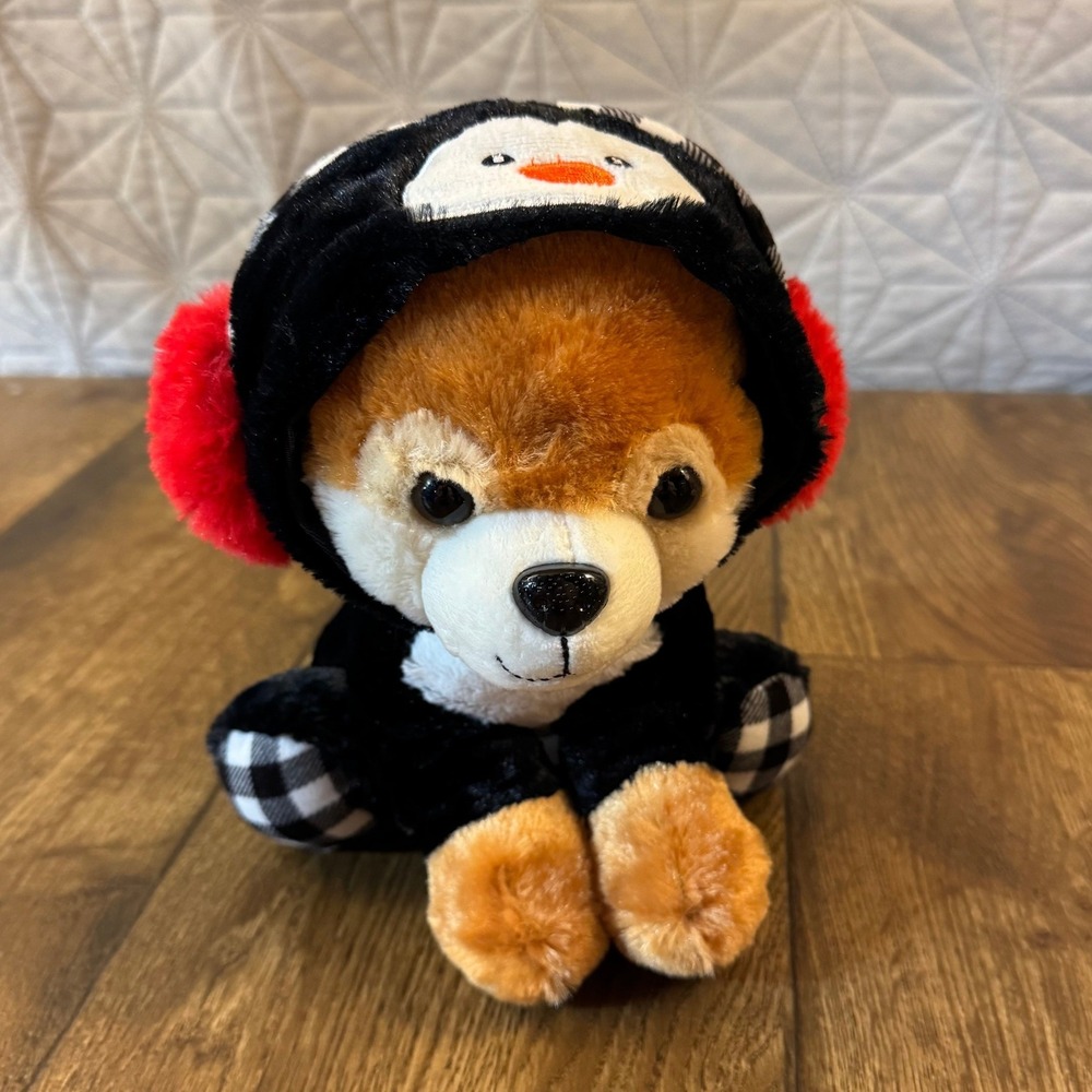 Walmart Brown Dog Plush 9.5 Inches Brown Penguin Hood‎ Earmuffs Buffalo Plaid